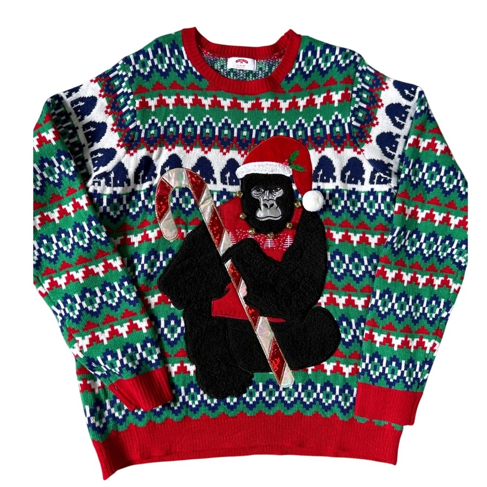 Holiday Time Gorilla Ugly Christmas Sweater Men Red Green Fair Isle XL